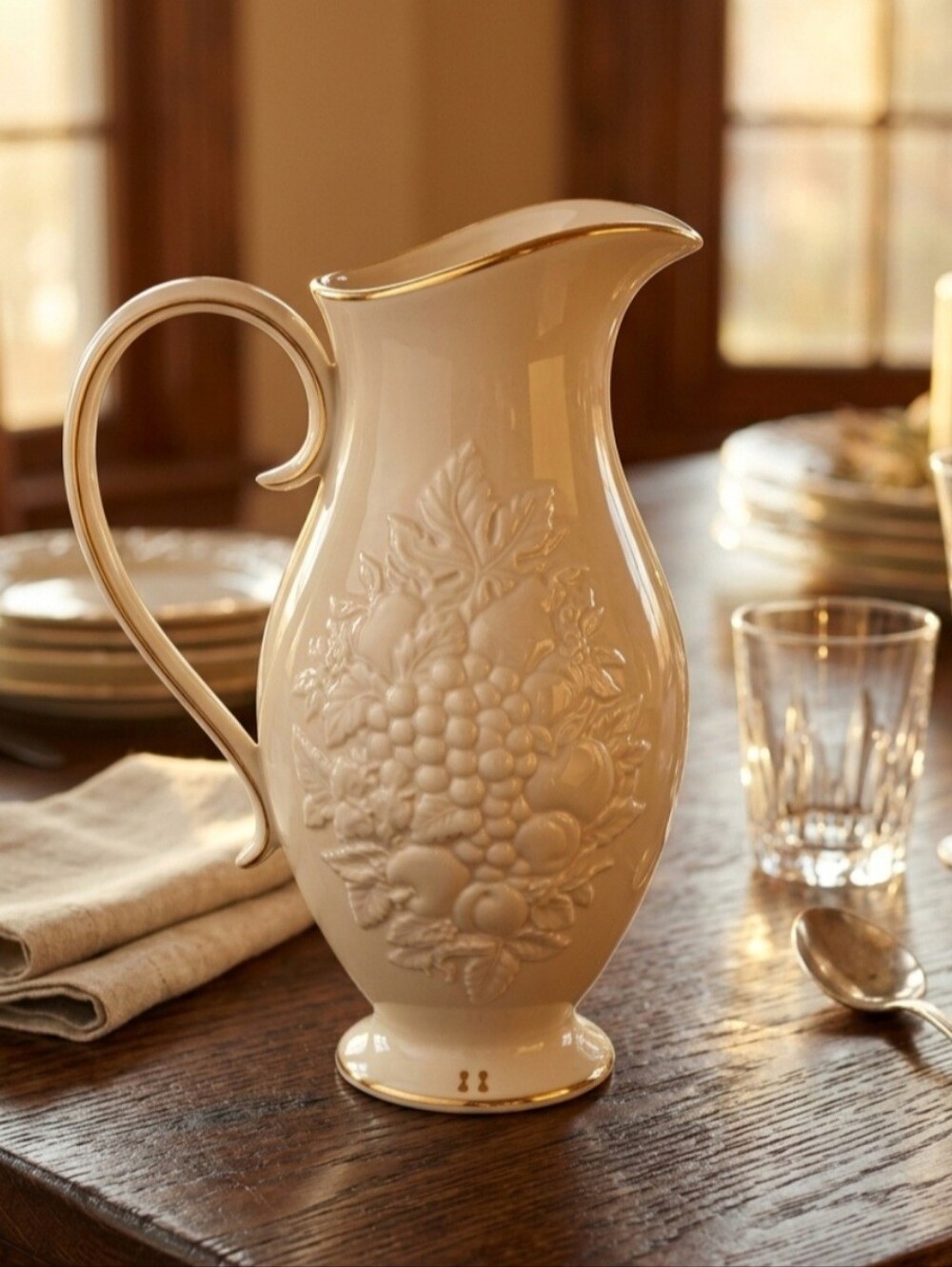 Vintage 1990 Lenox "Fruits of Life" Ivory Porcelain Pitcher – 24k Gold Trim